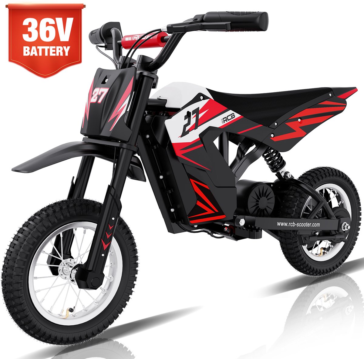 RCB Elektrische kindermotor | 36V Cross Bike Off-road| 3 Versnellingen (8/12/25 km/u)| | Rood/Zwart